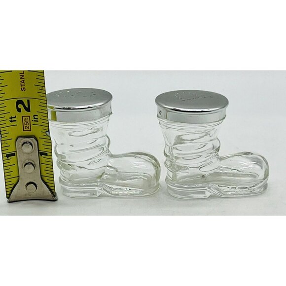 Vintage Clear Glass Boots Shoes Salt Pepper Shaker Set Santa Silver Tops 2 inch - Picture 8 of 8